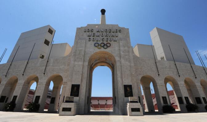 Evaluators will tour proposed venues, such as the Rose Bowl and Los Angeles Memorial Coliseum.  AFP PHOTO/Mark RALSTON (Photo credit should read MARK RALSTON/AFP/Getty Images)