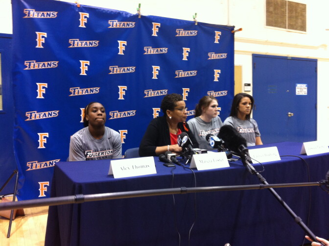 Cal State Fullerton women's basketball coach Marcia Foster talks with reporters about assistant coach Monica Quan. Quan was murdered a week ago in Irvine. 