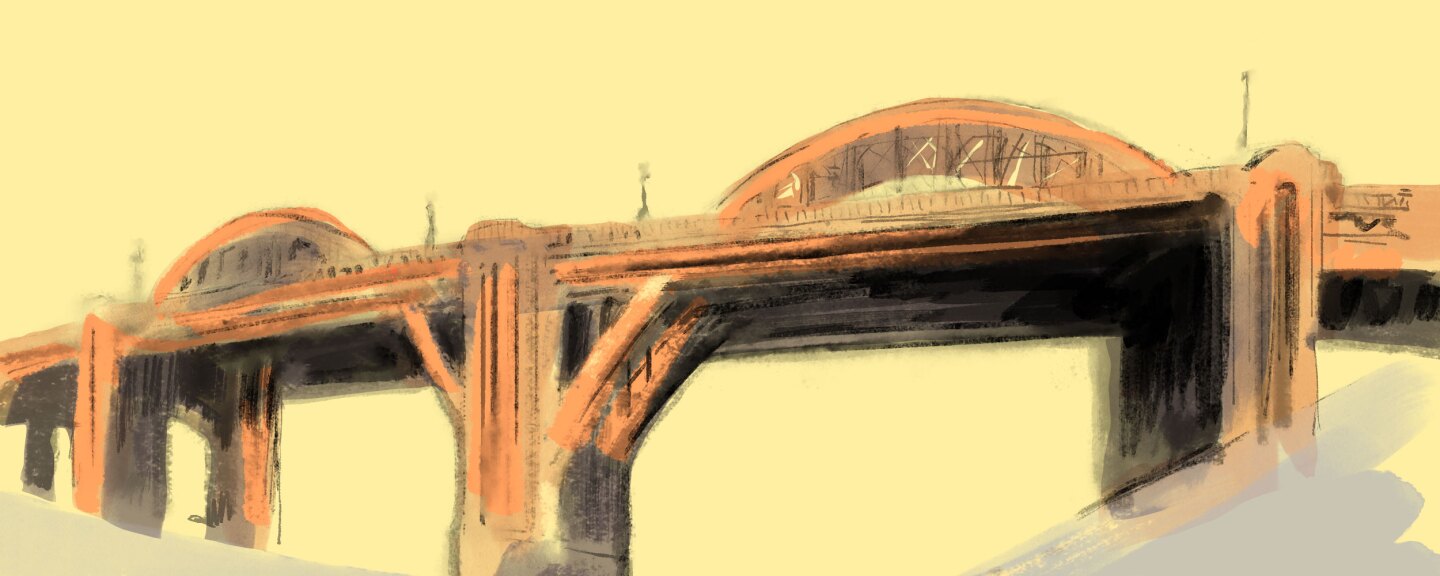 An illustration of the L.A. River and the old 6th Street Viaduct.