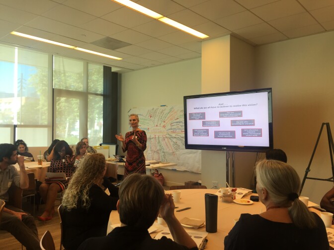 FILE: Denise Grande, head of the Los Angeles County Arts Education Collective, presents about the group's Arts Education Innovation Lab at the California Endowment headquarters on October 6, 2017. 