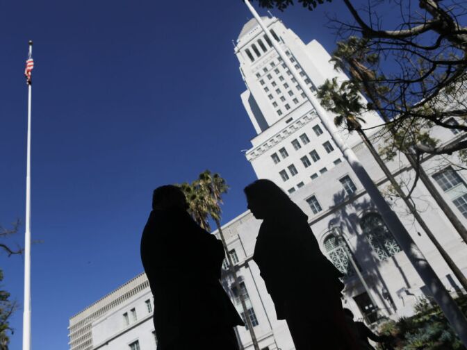 Mayoral Candidate Jan Perry speaks with Greig Smith, a Republican and former councilman from the San Fernando Valley. Smith has endorsed Perry in the mayor's race.