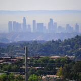 A layer of pollution can be seen hovering over Los Angeles, California on October 17, 2017, where even though air quality has improved in recent decades, smog levels remain among the nations's worst, with wildfires in the region also contributing to poor air quality.