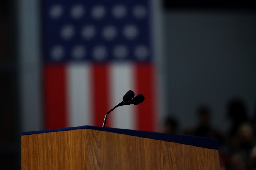 NEW YORK, NY - NOVEMBER 09:  The podium on stage is seen at Democratic presidential nominee former Secretary of State Hillary Clinton's election night event at the Jacob K. Javits Convention Center November 9, 2016 in New York City. Clinton is running against Republican nominee, Donald J. Trump to be the 45th President of the United States.  (Photo by Win McNamee/Getty Images)