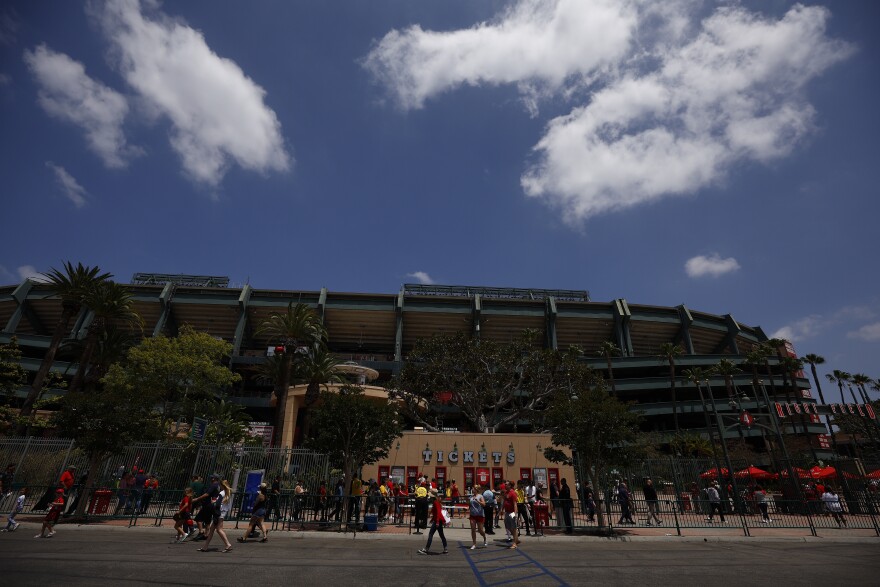 The exterior of Angel Stadium.