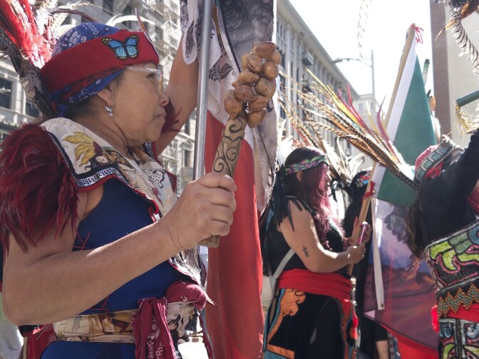Tongva performers conduct the ceremony at the front lines of the March