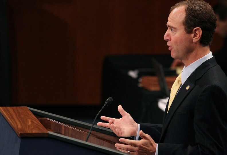 House Manager Rep. Adam B. Schiff (D-CA), speaks during the U.S. Senate impeachment impeachment trial of U.S. District Court Judge for the Eastern District of Louisiana, G. Thomas Porteous Jr.(R), on September 13, 2010 in Washington, DC. Earlier this year Judge Porteous was impeached by the House of Representatives and now faces a Senate impeachment trial  with charges involving payoffs, kickbacks and lying under oath.   