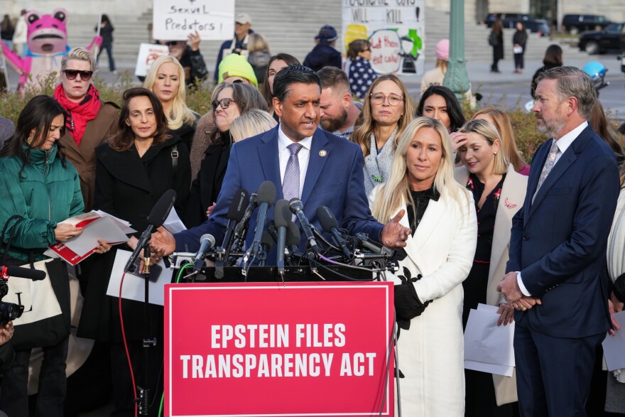 A man with medium-tone skin stands at a lectern surround other people. The lectern has a sign reading: Epstein files transparency act