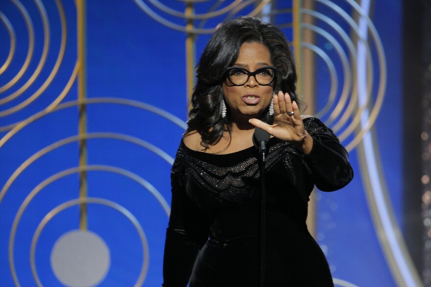 BEVERLY HILLS, CA - JANUARY 07:  In this handout photo provided by NBCUniversal, Oprah Winfrey accepts the 2018 Cecil B. DeMille Award   speaks onstage during the 75th Annual Golden Globe Awards at The Beverly Hilton Hotel on January 7, 2018 in Beverly Hills, California.  (Photo by Paul Drinkwater/NBCUniversal via Getty Images)