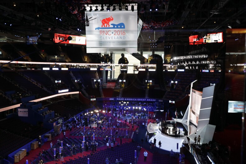 People gather at Quicken Loans Arena as preparations take place for the Republican National Convention, Sunday, July 17, 2016, in Cleveland. (AP Photo/John Locher)