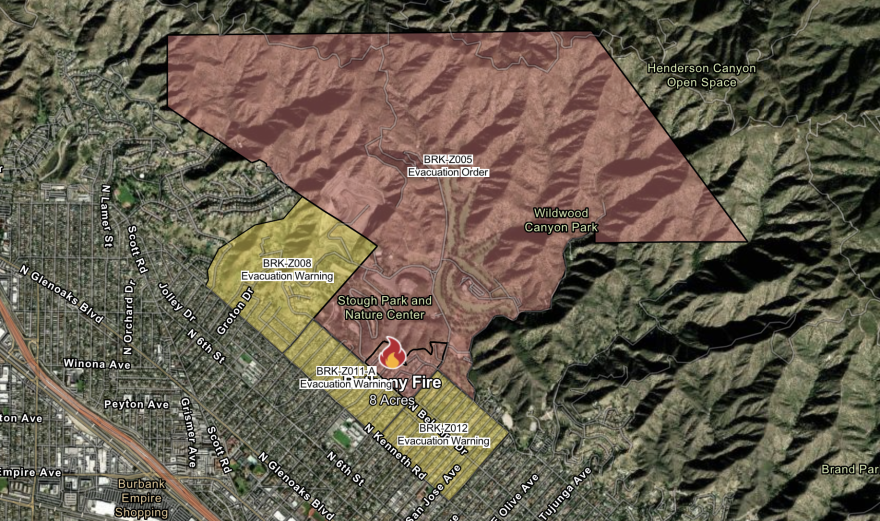 A map of Burbank showing where the Bethany Fire has spread.