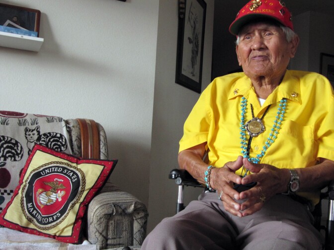 This Nov. 29, 2009 photo shows Chester Nez talking about his time as a Navajo Code Talker in World War II from his home in Albuquerque, N.M. 