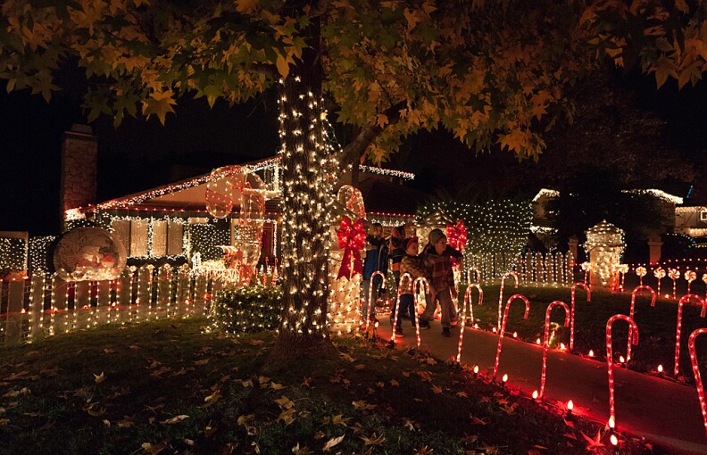 A holiday light display on Thoroughbred St, the Candy Cane Lane for Rancho Cucamonga