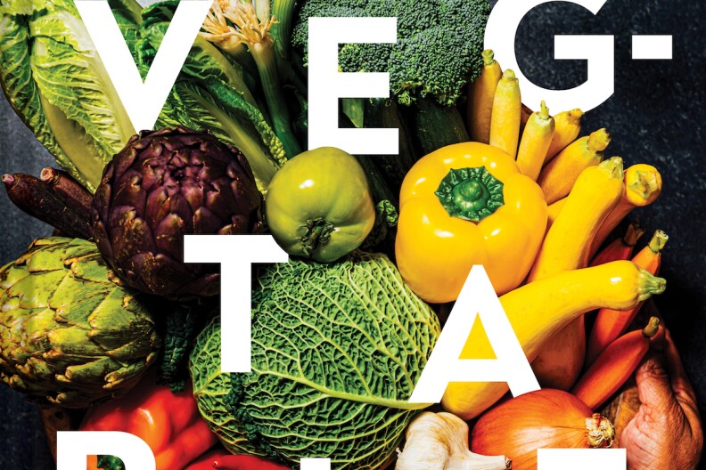The cover the Nik Sharma's book Veg-table featuring a pair of hands holding a basket of vegetables.