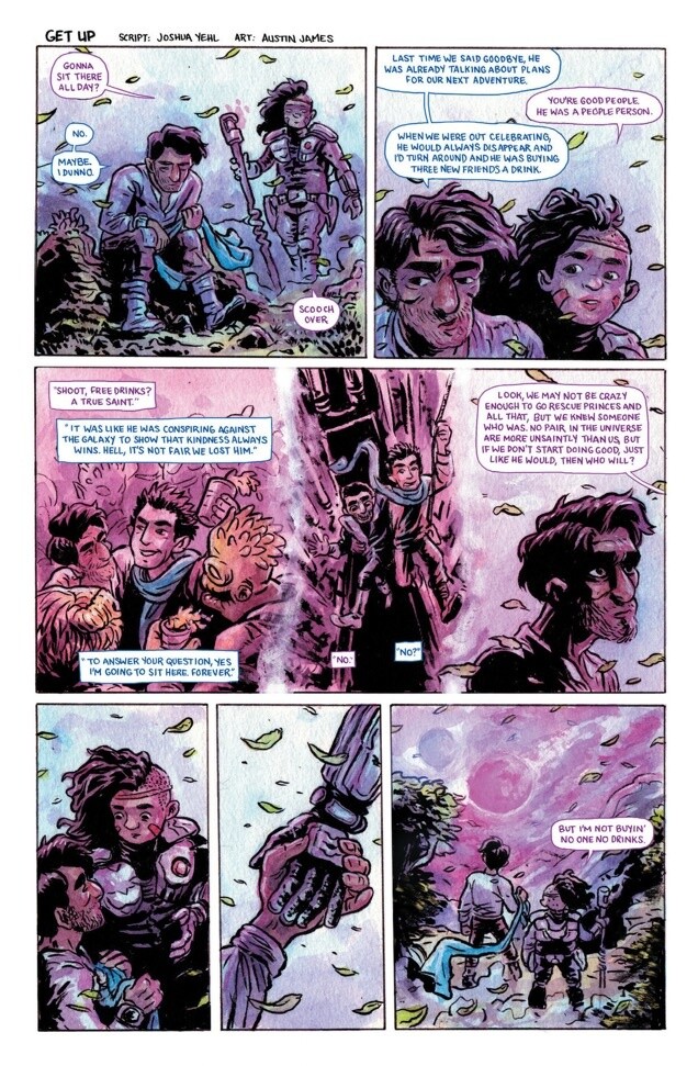 A page from the comic book anthology "Love is Love," script by Joshua Yehl, art by Austin James.