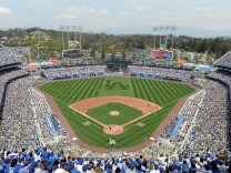 View of a game between the San Francisco Giants and the Los Angeles Dodgers on opening day at Dodger Stadium on April 4, 2014.  