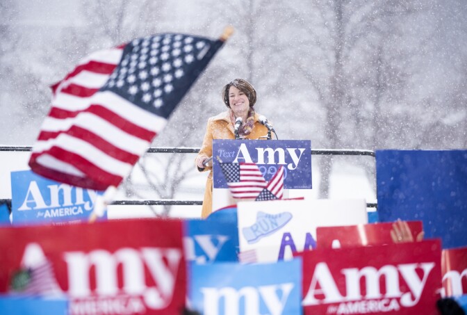 MINNEAPOLIS, MN - FEBRUARY 10: Sen. Amy Klobuchar (D-MN) announces her 2020 presidential bid on February 10, 2019 in Minneapolis, Minnesota. The crowd braved cold temperatures and heavy snow during the event. (Photo by Stephen Maturen/Getty Images)