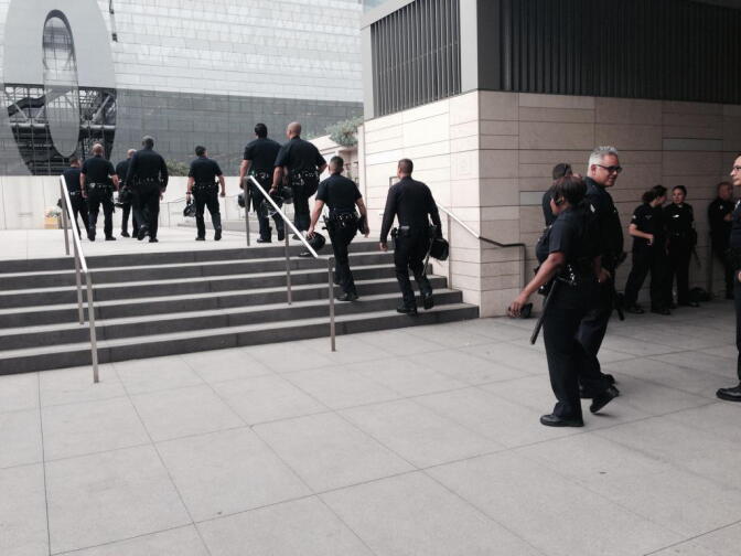 A heavy police presence was on hand for the Los Angeles Police Commission's hearing into the shooting death of 25-year-old Ezell Ford on Tuesday, June 9, 2015. 