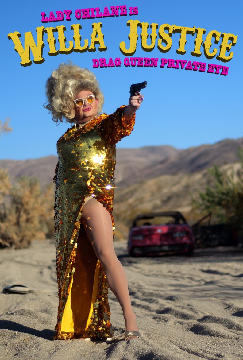 A movie poster with a drag queen in a gold sequined gown, blonde wig, and yellow sunglasses holding a gun in front of a pink car. There is text above her head spelling the title of the film.