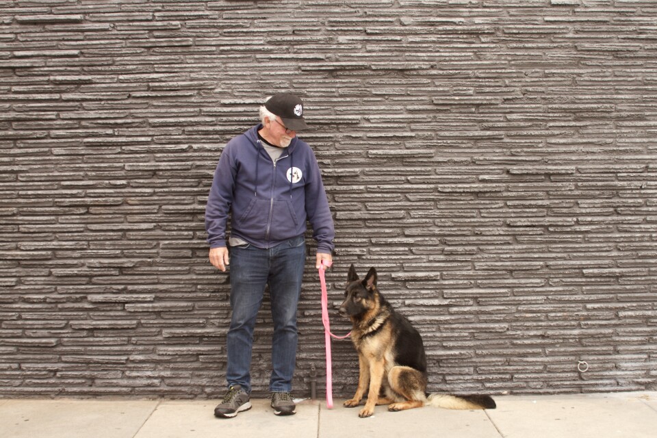 A man stands against an exterior wall in blue jeans and a blue zip-up hoodie, wearing a black baseball cap. He has white hair and glasses. He is holding the leash of a German Shepherd.