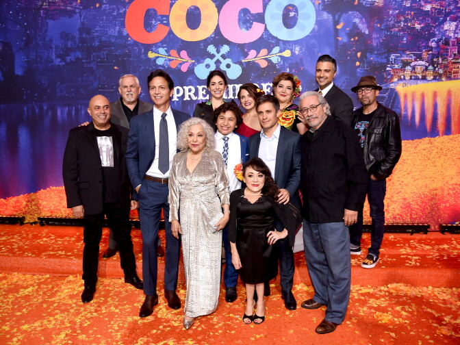 (L-R) Actors Herbert Siguenza, John Ratzenberger, Benjamin Bratt, Renee Victor, Natalia Cordova-Buckley, Anthony Gonzalez, Alanna Ubach, Gael Garcia Bernal, Selene Luna, Blanca Araceli, Edward James Olmos, Jaime Camil, and Lombardo Boyar at the premiere of Disney Pixar's "Coco."  