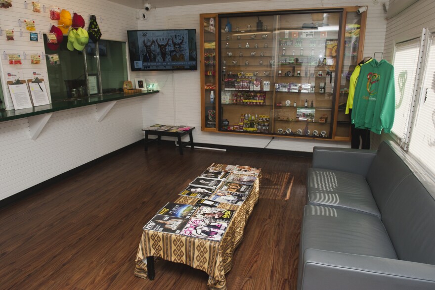 Marijuana samples and paraphernalia line the walls at Med X, a dispensary in Westmont that Virgil Grant owns on Friday, Dec. 1, 2017.