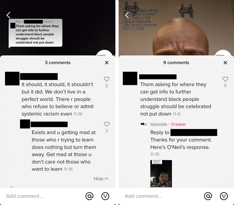 TikTok and Facebook post in which LAist audience members support the Racism 101 project.