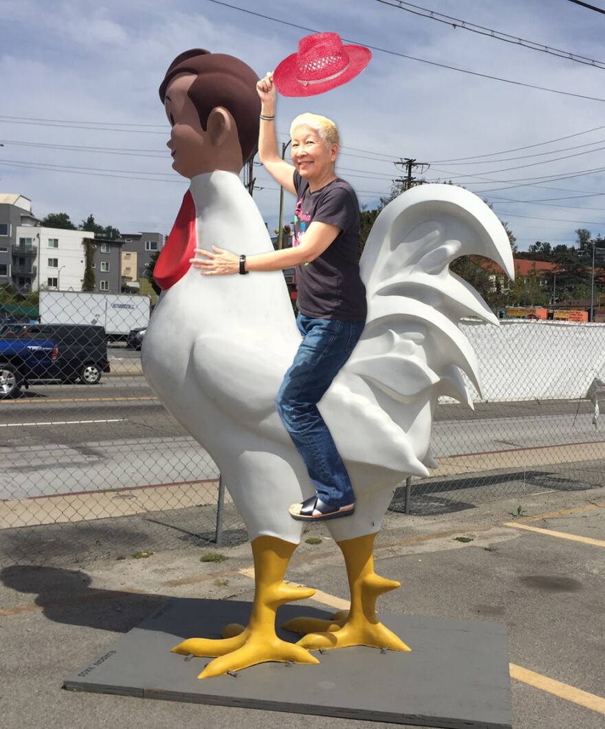 And voila, one Photoshop session later, and Amy Inouye gets to ride Deborah Brown's Cock Bob sculpture into the sunset.