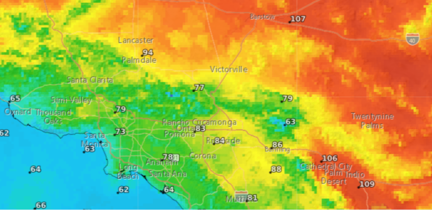 A geothermal map of SoCal in shades or orange, green, blue, orange with white numbers over different cities.
