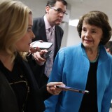 WASHINGTON, DC - MAY 16:  Sen. Dianne Feinstein (D-CA) talks with reporters as she heads for her party's weekly policy luncheon at the U.S. Capitol May 16, 2017 in Washington, DC. Many Republican and Democratic senators expressed frustration and concern about how President Donald Trump may have shared classified intelligence with the Russian foreign minister last week at the White House.  (Photo by Chip Somodevilla/Getty Images)