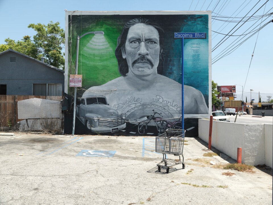 "Danny" mural by Levi Ponce in Pacoima is part of Ken Gonzales-Day solo exhibition, "Surface Tension: Murals, Signs and Mark-Making in L.A," at the Skirball Cultural Center. 