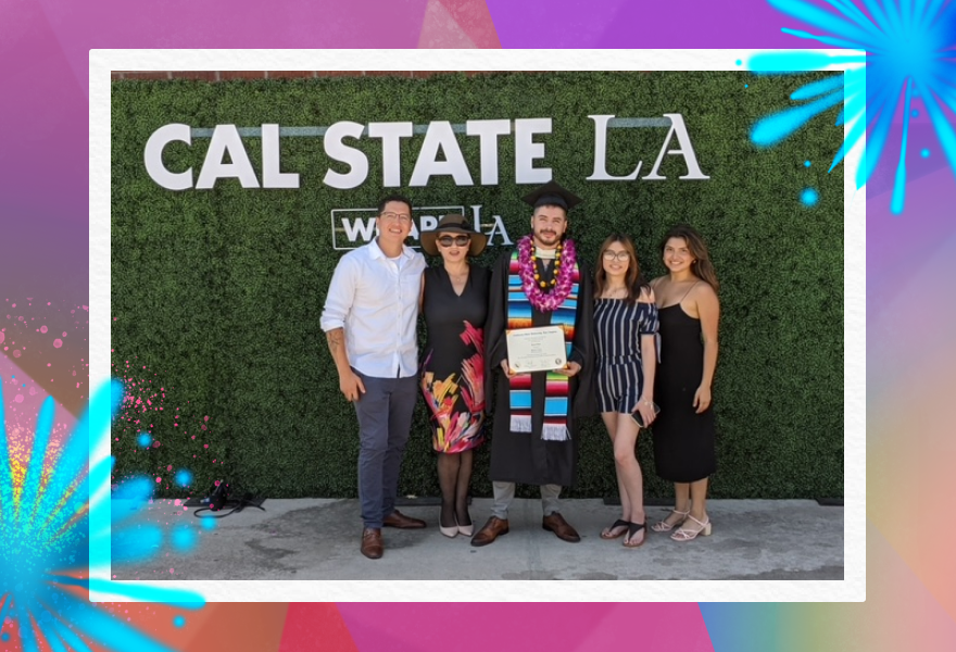 The author, diploma in hand, poses with his family for a graduation photo at Cal State LA.
