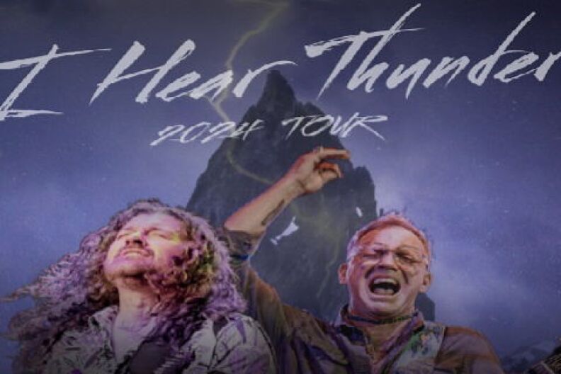 image of musicians edited in front of a mountain and some thunder.