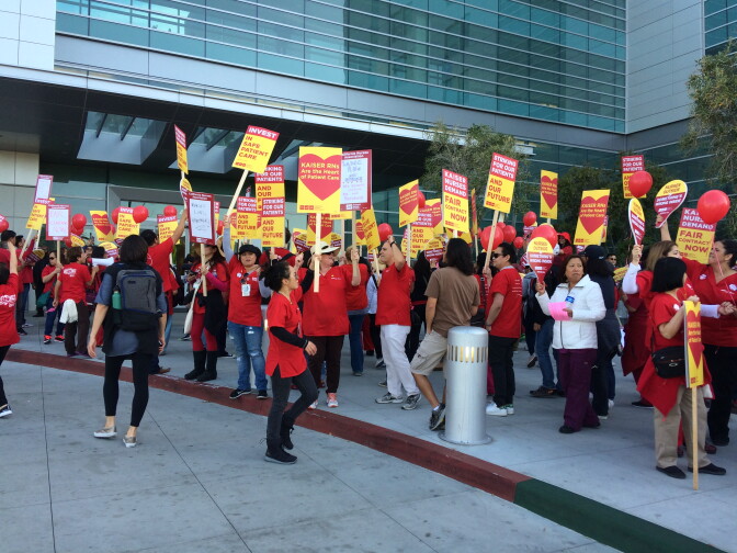 Nurses picket as part of a strike against Kaiser Permanente's Los Angeles Medical Center on Tuesday, March 15, 2016.