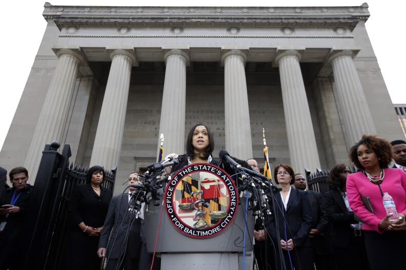 Marilyn Mosby, Baltimore state's attorney, speaks during a media availability, Friday, May 1, 2015 in Baltimore.  Mosby announced criminal charges against all six officers suspended after Freddie Gray suffered a fatal spinal injury while in police custody. (AP Photo/Alex Brandon)