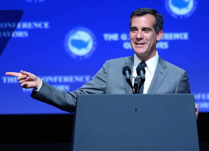 File: Los Angeles Mayor Eric Garcetti speaks at the 81st annual U.S. Conference of Mayors at the Mandalay Bay Convention Center on June 21, 2013 in Las Vegas, Nevada. 