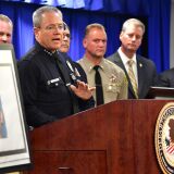 Los Angeles police Chief Michel Moore briefs the media on April 29, 2019 in Los Angeles, California.