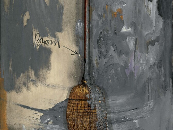 Jasper Johns, Fool’s House, 1961–62. Oil on canvas with broom, sculptural towel, stretcher and cup. Private collection.