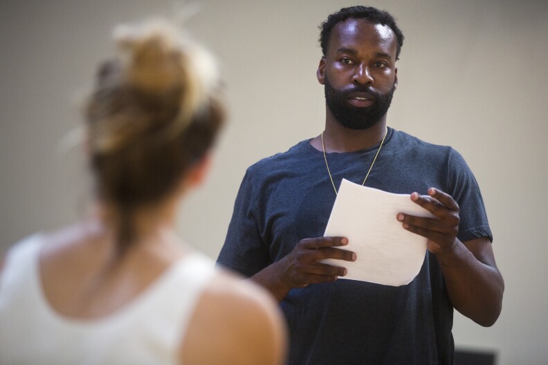 Baron Davis acts out a scene from "Chinatown" during the final day of Joan Scheckel's three-day lab on Sunday, May 3, 2015 at Scheckel's Hollywood studio called "The Space."