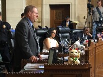 Los Angeles City Council members Paul Koretz, left, and Nury Martinez expressed reservations about allowing legal nonprofits to use their discretion in deciding whether immigrants with convictions for violent offenses should benefit from the city's contribution to a legal defense fund. The council voted on designating $2 million for the fund on June 23, 2017 at City Hall.