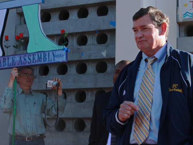 UC Riverside Chancellor Timothy White addresses students during campus Occupy rally on Monday.
