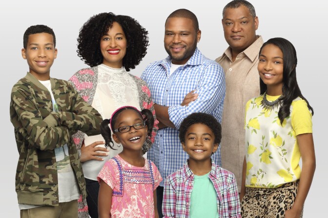 The cast of ABC's "Black-ish" (L-R) Marcus Scribner, Tracee Ellis Ross, Marsai Martin, Anthony Anderson, Miles Brown, Laurence Fishburne, Yara Shahidi
