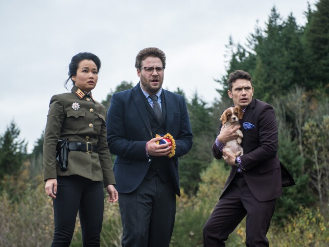Sook (Diana Bang) with Aaron (Seth Rogen) and Dave (James Franco) in Columbia Pictures' "The Interview."