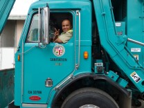 About 55 percent of Los Angeles city garbage heads to the Chiquita Canyon Landfill in the Santa Clarita Valley. Here, Luis Santana drives a Los Angeles Bureau of Sanitation garbage truck April 23, 2015.