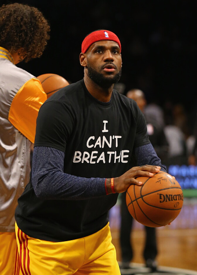 NEW YORK, NY - DECEMBER 08:  LeBron James #23 of the Cleveland Cavaliers wears an "I Can't Breathe" shirt during warmups before his game against the Brooklyn Nets during their game at the Barclays Center on December 8, 2014 in New York City. NOTE TO USER: User expressly acknowledges and agrees that, by downloading and or using this photograph, User is consenting to the terms and conditions of the Getty Images License Agreement.  (Photo by Al Bello/Getty Images)