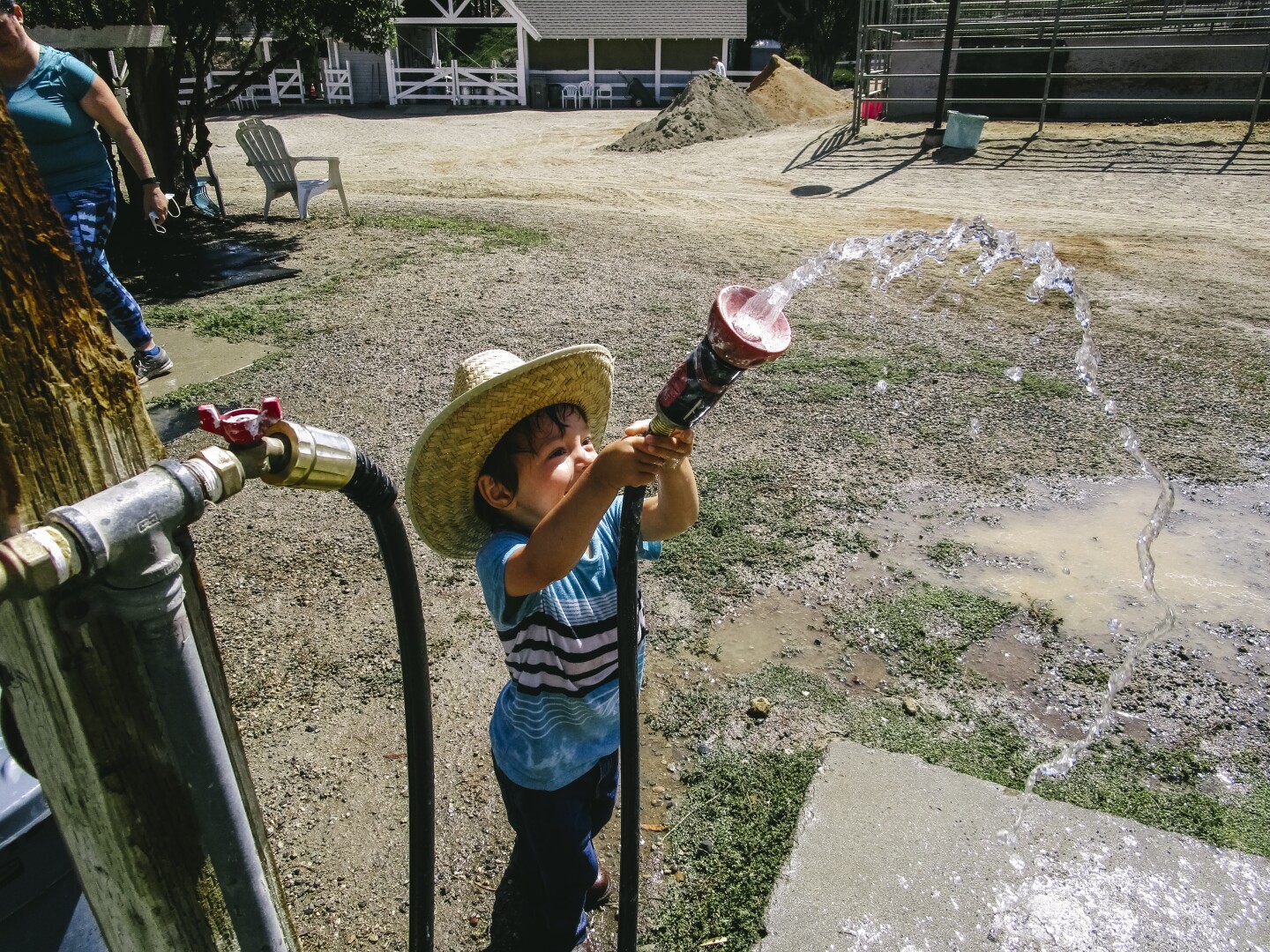 In this image, a child sprays hose water into the air while outside.