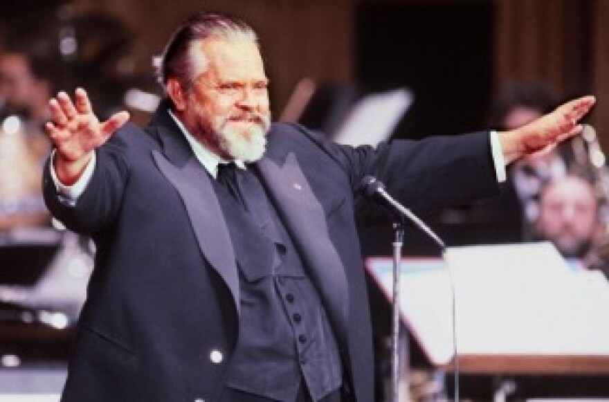 Orson Welles (1915-1985) opens the Caesar awards in Paris in 1982. Welles' radio career is the subject of "Airborne," a new documentary produced for Off-Ramp by R.H. Greene.