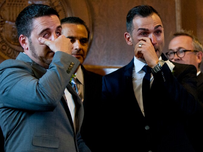 Paul Katami and Jeff Zarrillo, plaintiffs in the Supreme Court case that overturned California's same-sex marriage ban, became the first gay couple to wed in Los Angeles since 2008 on Friday at City Hall. Outgoing Mayor Antonio Villaraigosa officiated the ceremony.