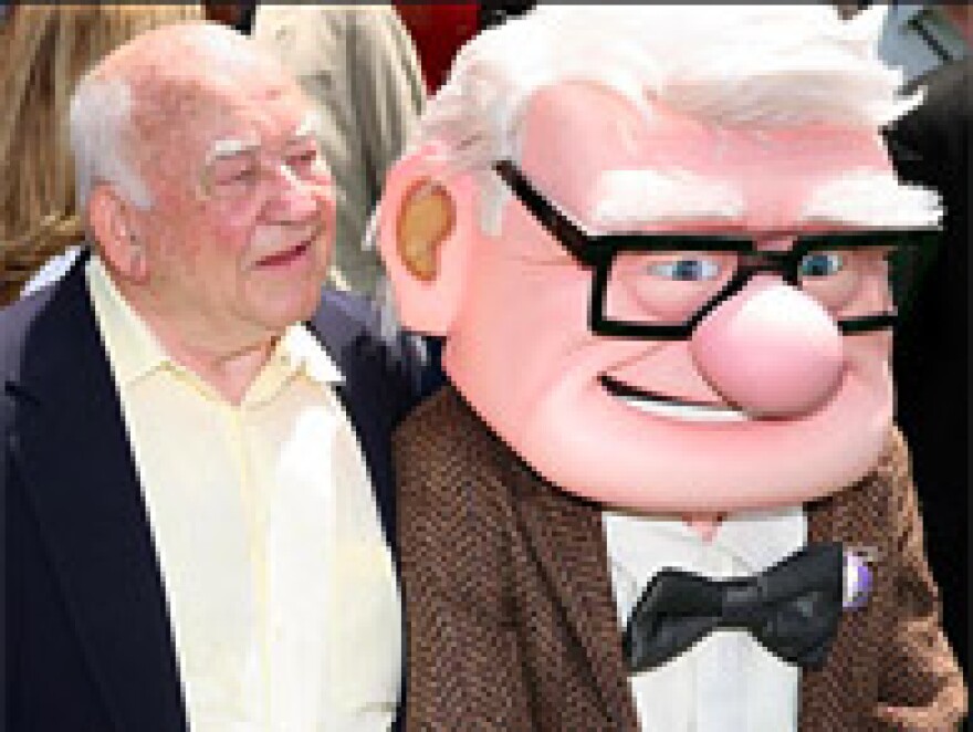 Ed Asner and character Carl Fredricksen arrive for the premiere of Disney Pixar's 'Up' at the El Capitan Theatre in Hollywood on May 16, 2009.