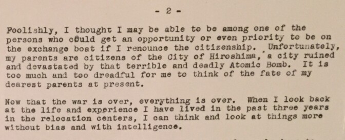 A letter from George's mother, pleading to regain her citizenship, at the Japanese American National Museum's exhibit "New Frontiers: The Many Worlds of George Takei." 