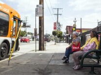 A bus shelter on North Figueroa Street at Avenue 26 in Lincoln Heights doesn't have overhead shelter. Bus riders say is difficult to find shade, especially in the afternoon.